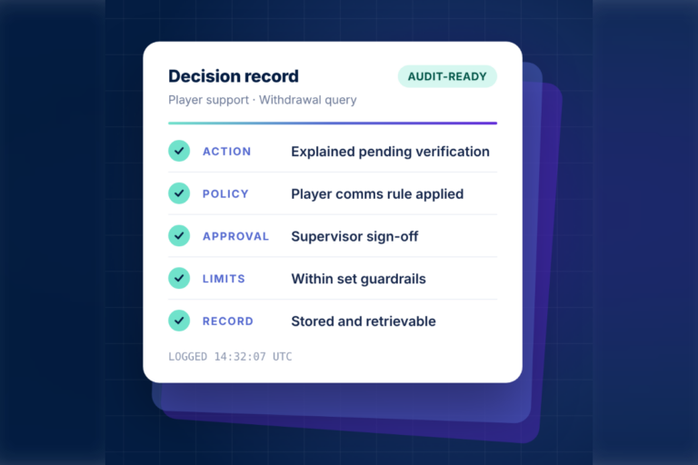 Decision record card showing action, policy, approval, limits and record, all checked